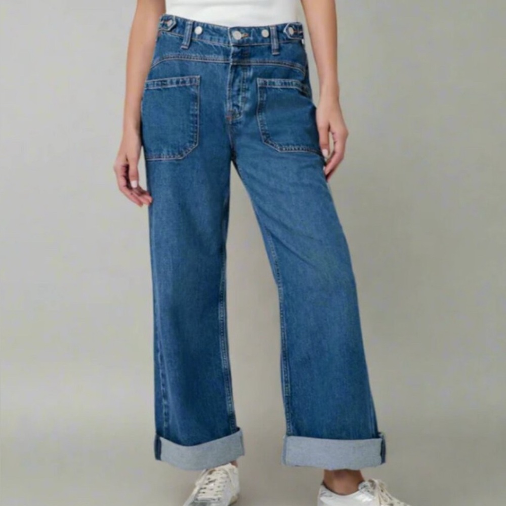 We The Free Palmer Cuffed Jeans Womens 27 Blue Wide Leg Baggy Relax Free People